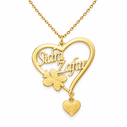 Heart Name Necklace – Custom Gold Plated Couple Pendant with Charm